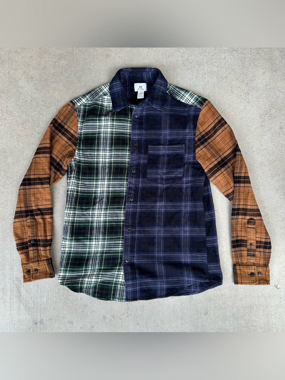 H&M Mixed Plaid Button-Down Shirt - Navy, Green, Brown Size Small